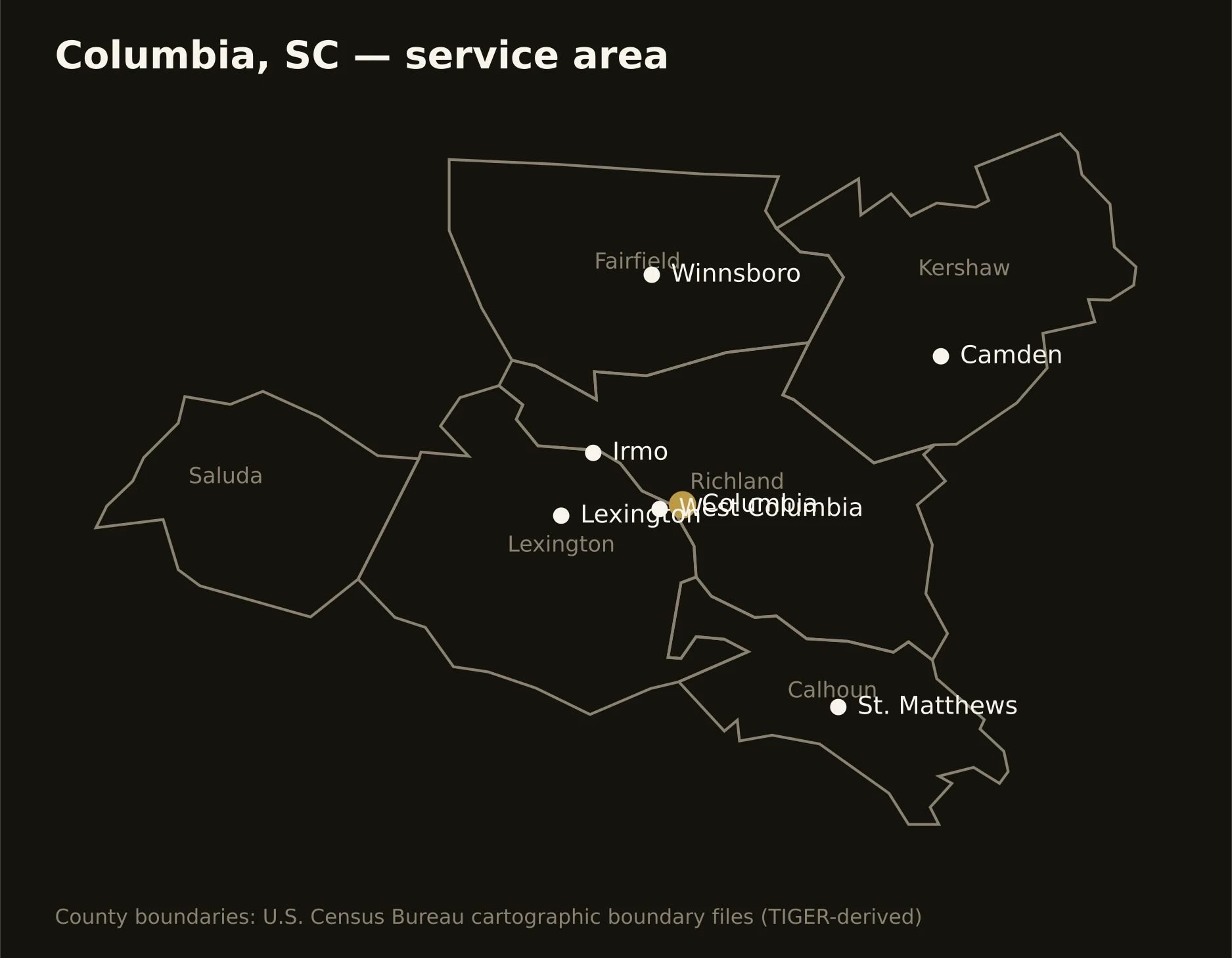 Columbia, SC directional drilling service area map — component counties and cities served
